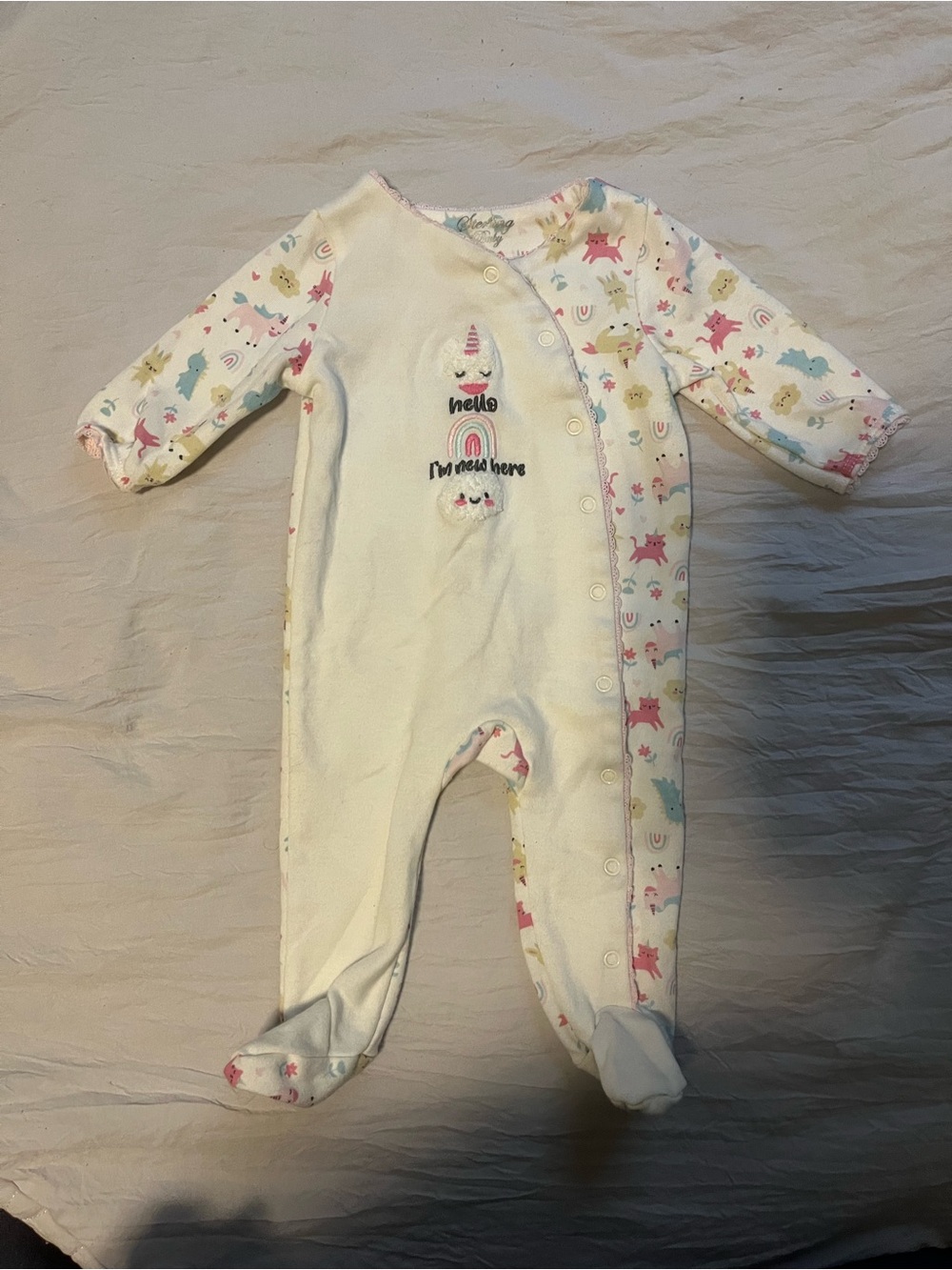 Cream Unicorn & Pastel Print Baby Footed One-Piece